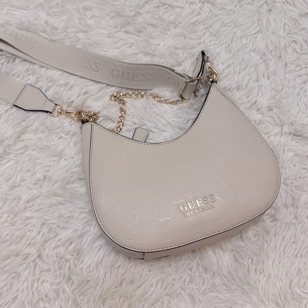 NWOT Guess Cream Crescent Shoulder Bag with Silver Hardware